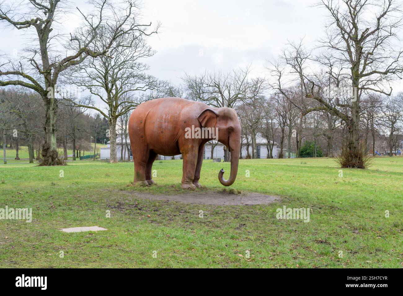 Eine Elefantenskulptur des Künstlers Kenny Hunter, die Schrott aus Lokomotiven aus Glasgow, Bellahouston Park, Glasgow, Schottland, Großbritannien, enthält. Europa Stockfoto