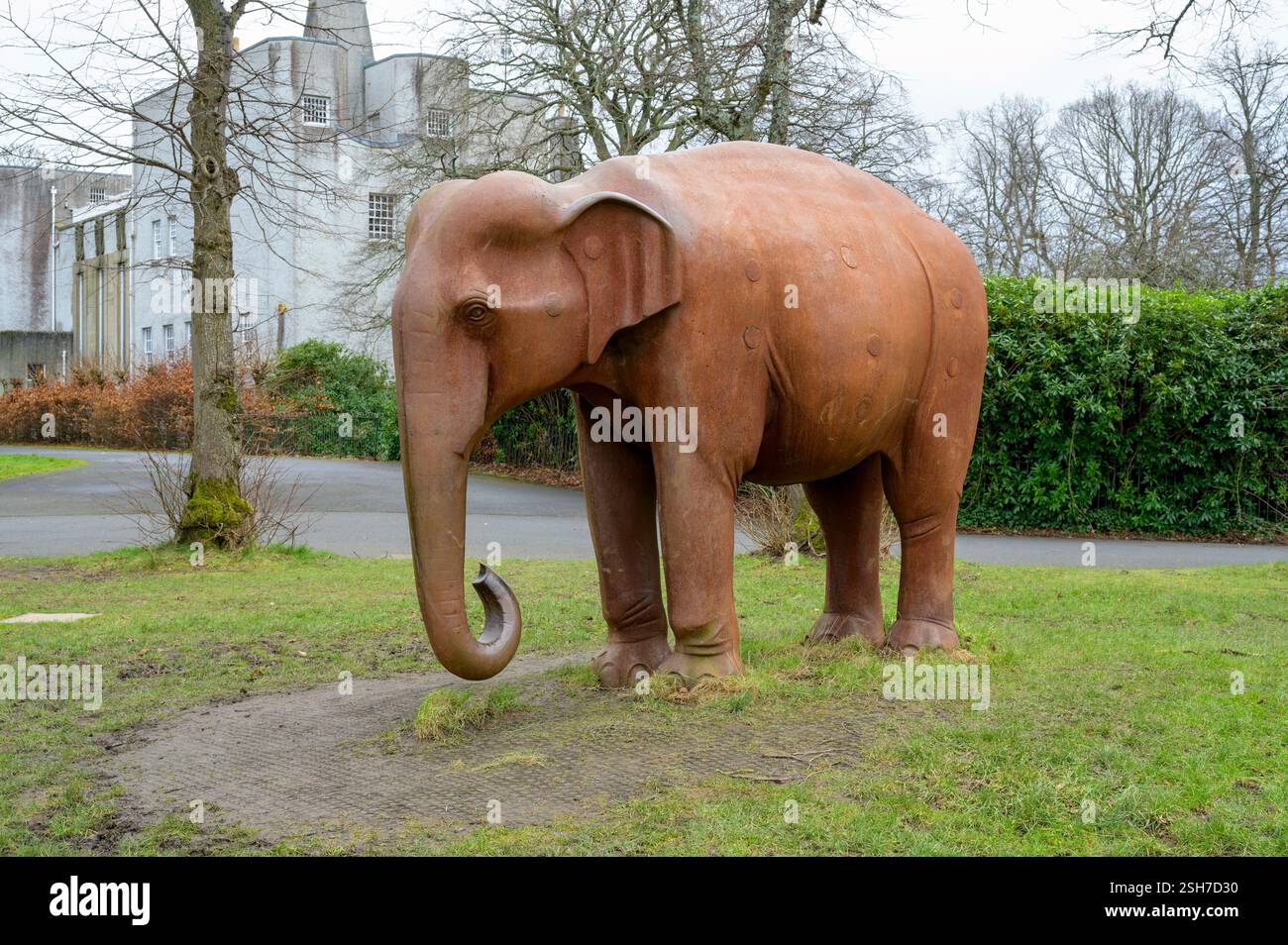 Eine Elefantenskulptur des Künstlers Kenny Hunter, die Schrott aus Lokomotiven aus Glasgow, Bellahouston Park, Glasgow, Schottland, Großbritannien, enthält. Europa Stockfoto