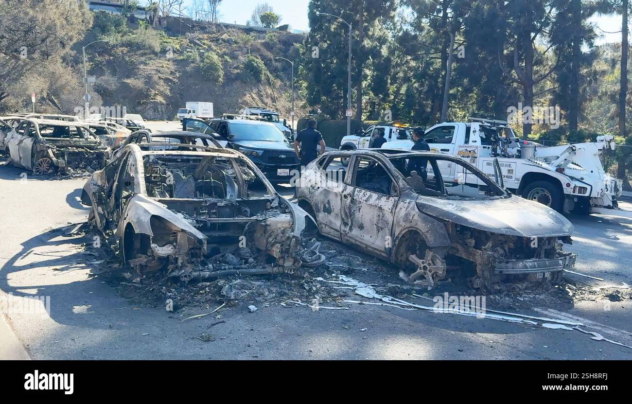 Pacific Palisade, Kalifornien, USA. Januar 2025. Ab Mittag am 16. Januar begann die Polizei von Los Angeles mit der Inventarisierung der berüchtigten Fahrzeuge, die die Bewohner auf der Flucht vor dem Palisades-Feuer am Engpass am Sunset Drive verlassen hatten. Viele gingen mit ihren Autoschlüsseln in der Tasche, als sie zum Meer liefen, um in den Flammen zu fliehen. Die Polizei macht die fast unmögliche Aufgabe, in den Trümmern der verbrannten Autos nach VINs zu suchen. Abschleppwagen nehmen sowohl die noch fahrbaren als auch die ausgebrannten Granaten auf und bringen sie zu Lagereinrichtungen, wo die Besitzer sie bekommen können Stockfoto