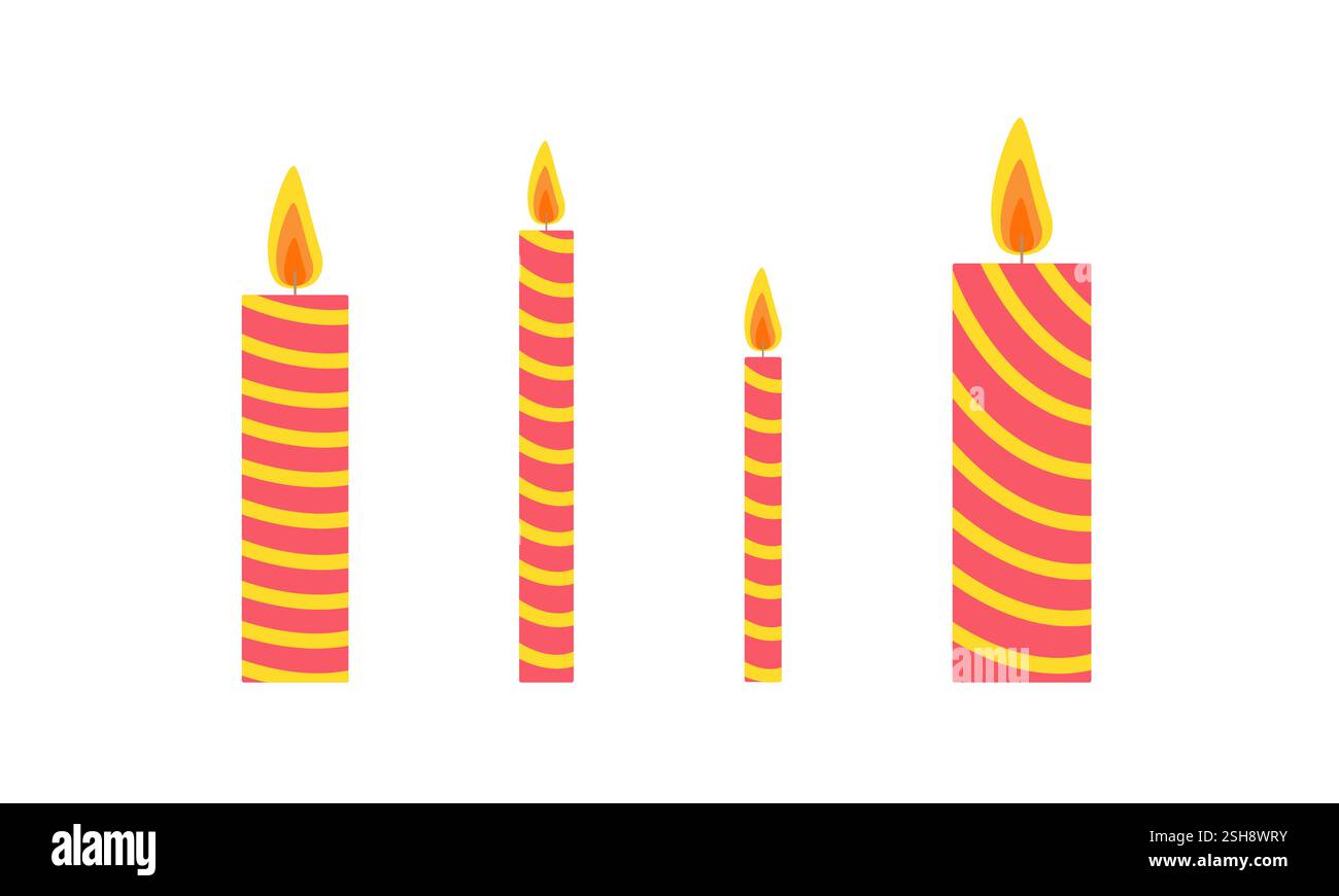 Bunte Kerzen Set Hand gezeichnet flache Vektor-Illustration, festliche Feiertagsfeier Sammlung von verzierten Objekten verschiedener Größen für Geburtstag, Hochzeit, Weihnachten Stock Vektor