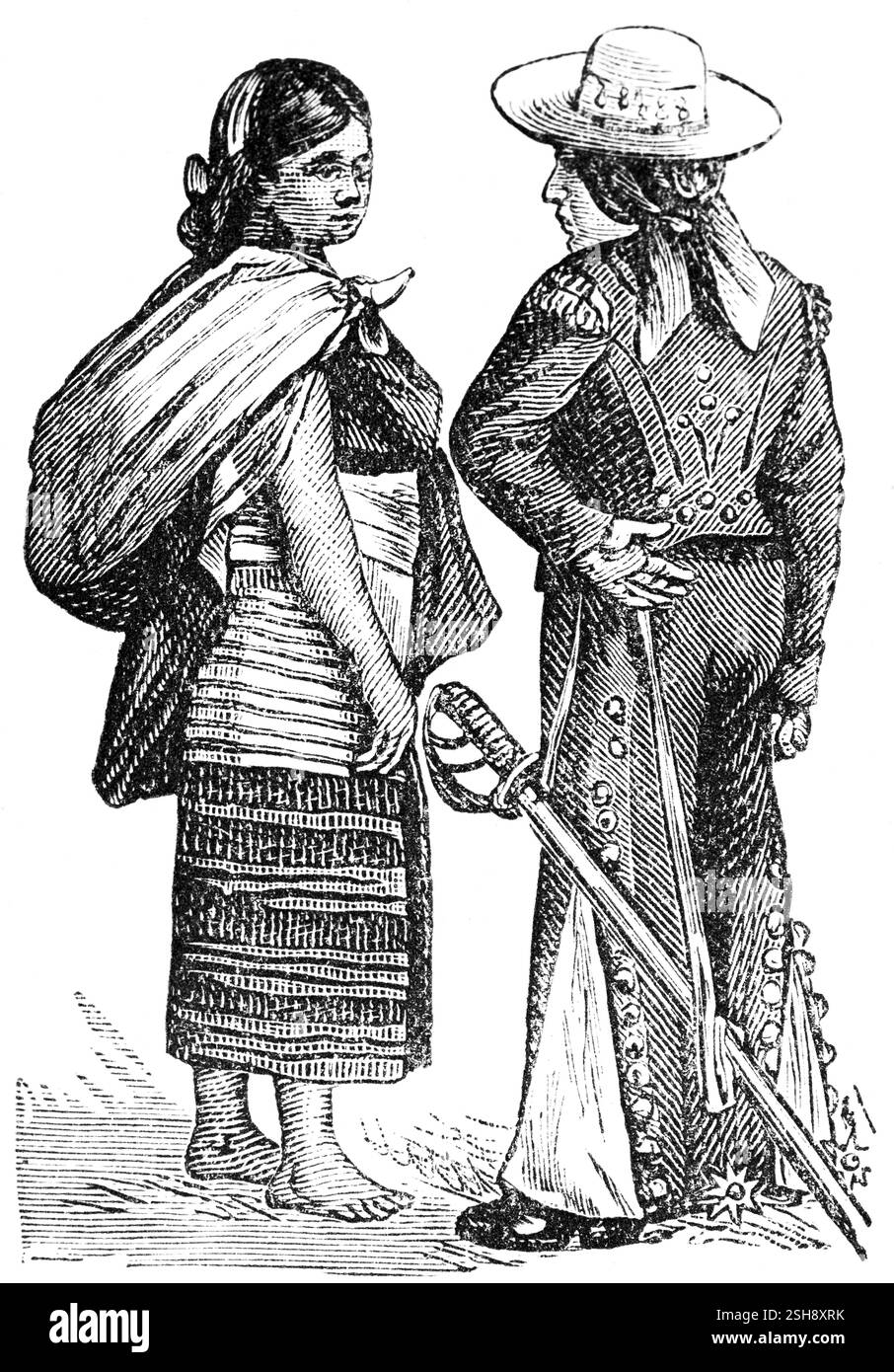 Zwei mexikanische Frauen mit unterschiedlichem sozialen Status, Besitzer einer Ranch mit Schwert und Landarbeiter, elegante einheimische Kleidung, barfuß, soziale Diskrepanz, soc Stockfoto