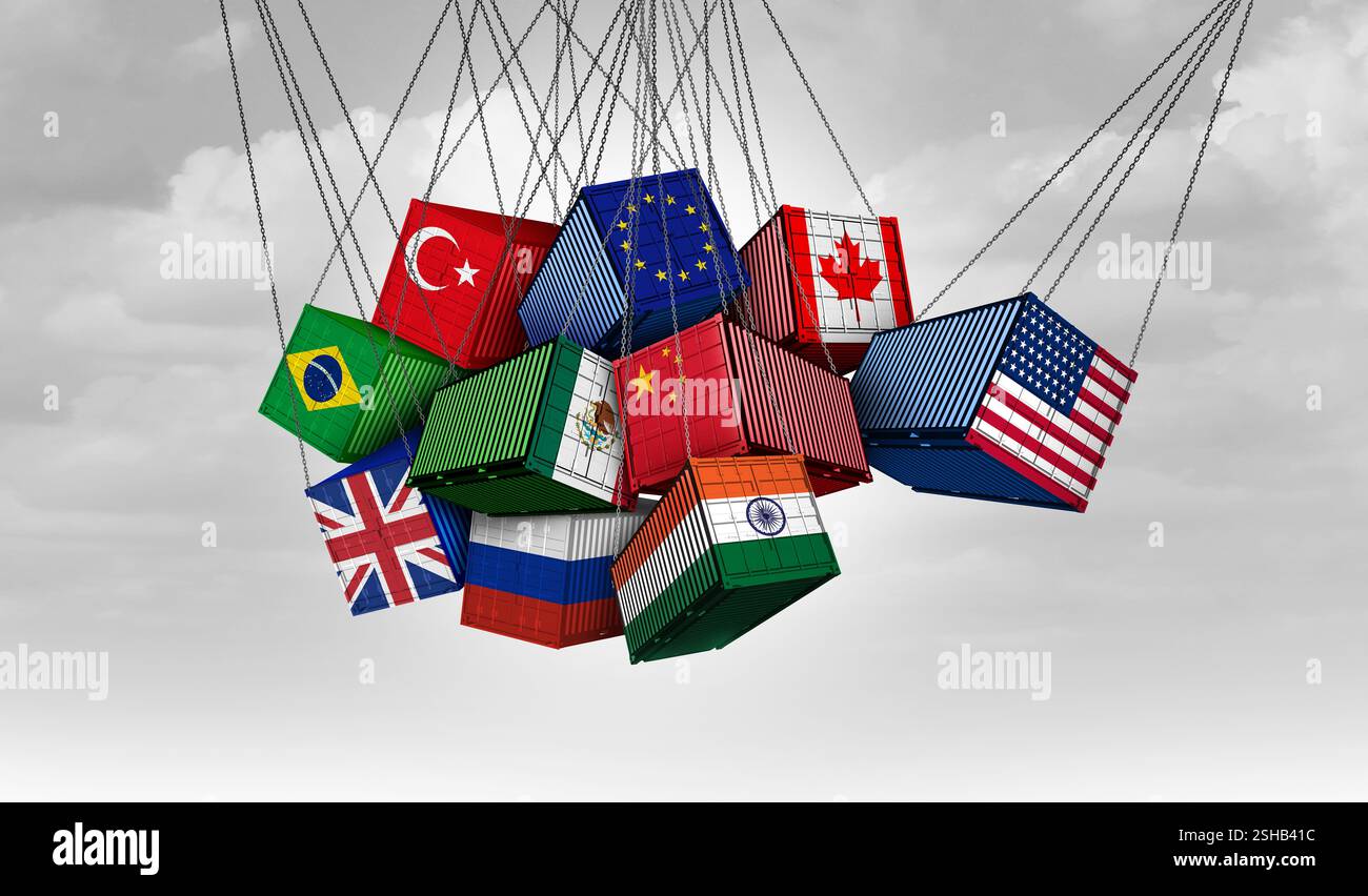 US Global Trade war und USA gegen China Indien Kanada und die Europäische union als amerikanische Zölle mit gegensätzlichen Frachtcontainern im Konflikt Stockfoto
