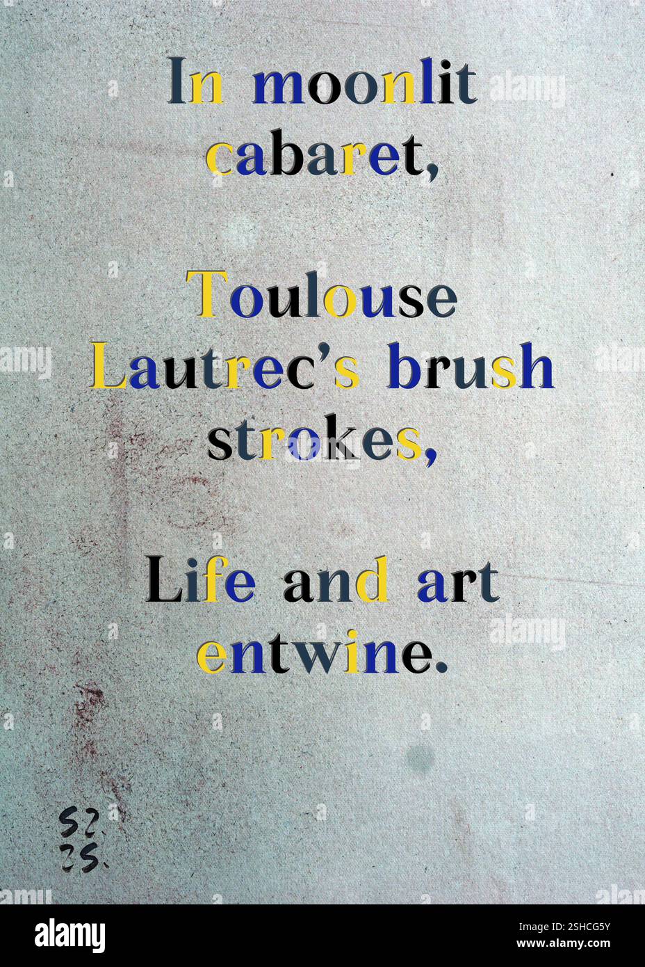 Im mondbeleuchteten Kabarett vermischen sich die Pinselstriche von Toulouse Lautrec, Leben und Kunst. Blanca del Crepusculo's Silver Writers' Guild. Kunst von Zsuzsa Szikra. Poetry Art Print, Triplumes ist eine einzigartige poetische Form, die vom traditionellen Haiku inspiriert ist und aus drei Linien besteht, die Momente der Klarheit, der Emotionen und der Einsicht einfangen. In unserer Kollektion setzen wir uns für die Freiheit der Sprache ein, wo das Vermischen von Wörtern und das Entfernen von Bindestrichen mehr ist als eine stilistische Wahl – sie ist eine Möglichkeit, Einheit und Nähe zwischen Ideen zu vermitteln und einen fließenden, kompakten Ausdruck zu schaffen, der mit den Rhythmen des modernen Lebens in Einklang steht. Stockfoto