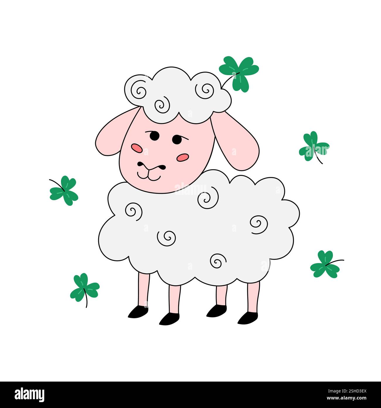 Süße irische Schafe und Schamrock. Symbol für den Tag des Heiligen Patricks. Illustration der Vektorkritzelei. Lächelnde handgezeichnete Schafe isoliert auf weißem Hintergrund. Patricks Stock Vektor