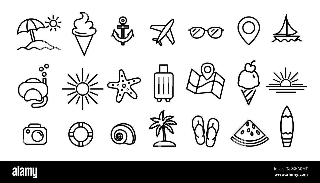 Sommerelemente umreißen das Clipart-Set. Tropische grafische Elemente umreißen ClipArt-Zeichnungen wie Sonne, Eis, Boot, Sternzeichen und Symbolkollektion. Stock Vektor