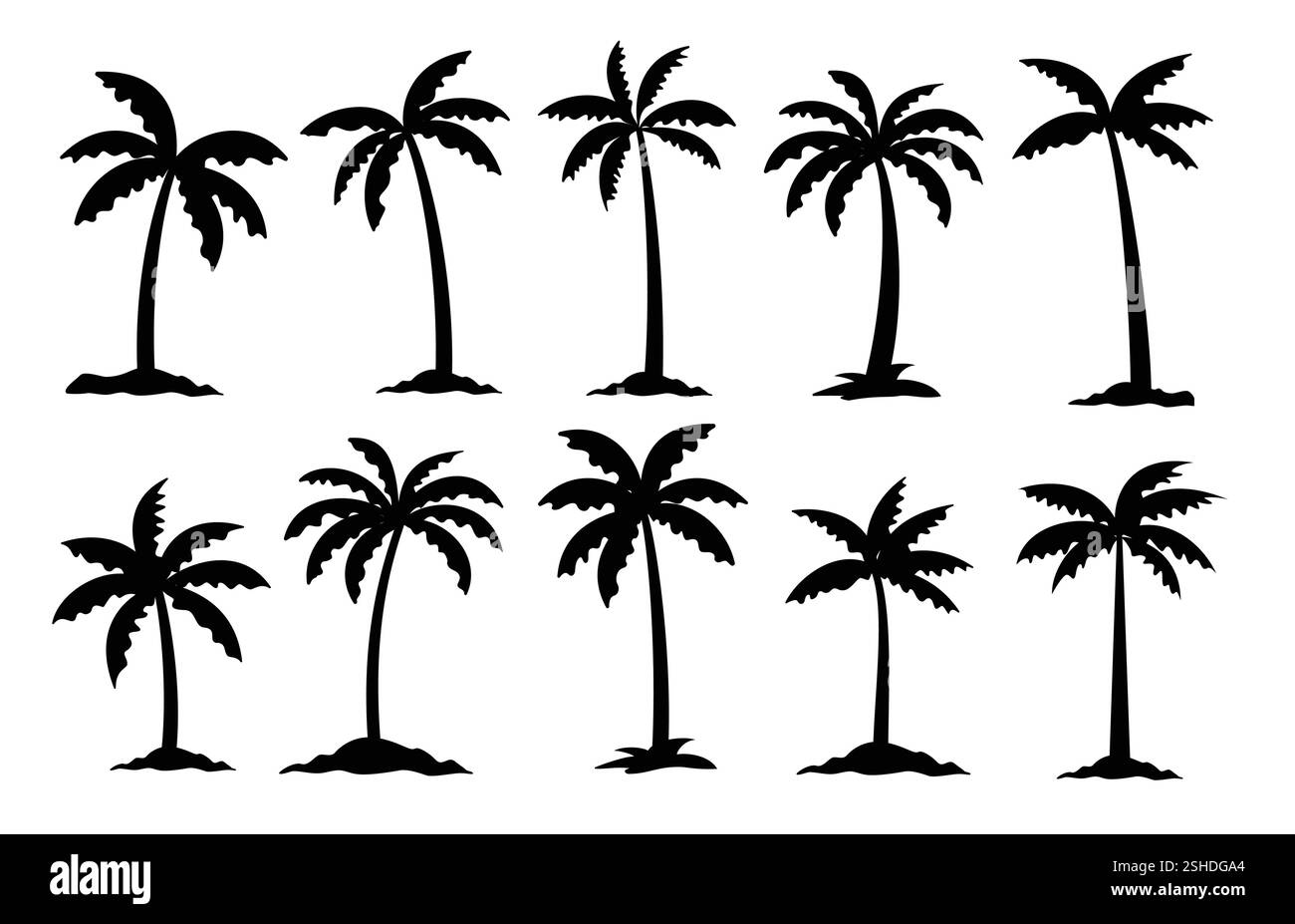 Palmen Silhouette Clipart Set. Kokos- und Palmensymbol Clip Art Zeichnung und schwarzes Symbol Hand gezeichnete Sammlung Vektor Illustration. Stock Vektor