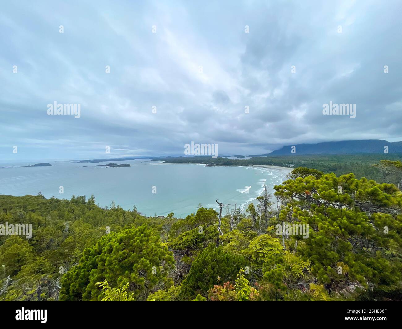 Weitwinkelküstenlandschaft mit Wald, Strand und dramatischer Wolkenbedeckung. Perfekt für Natur-, Reise- und Abenteuerthemen. Stockfoto
