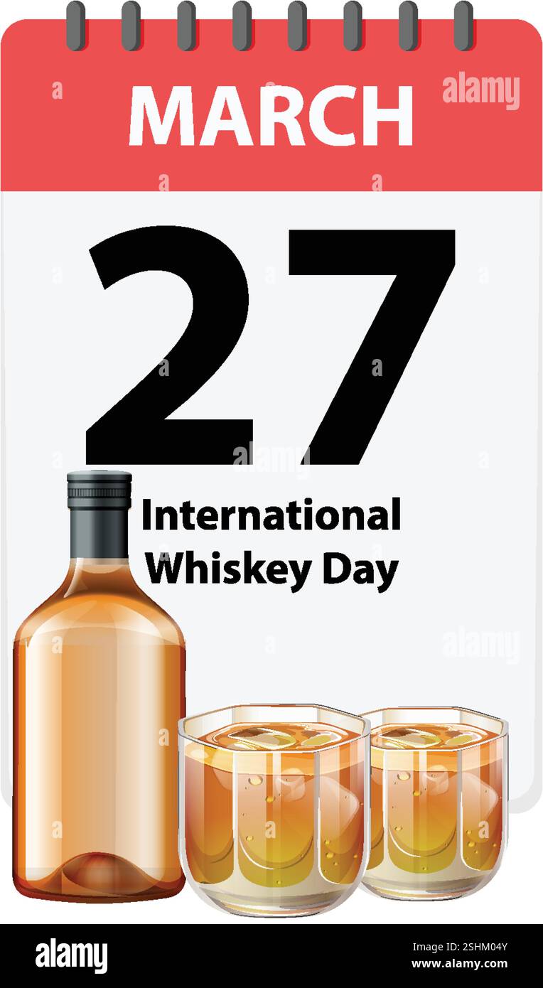 Am 27. März mit Whiskey-Flasche und Gläsern Stock Vektor