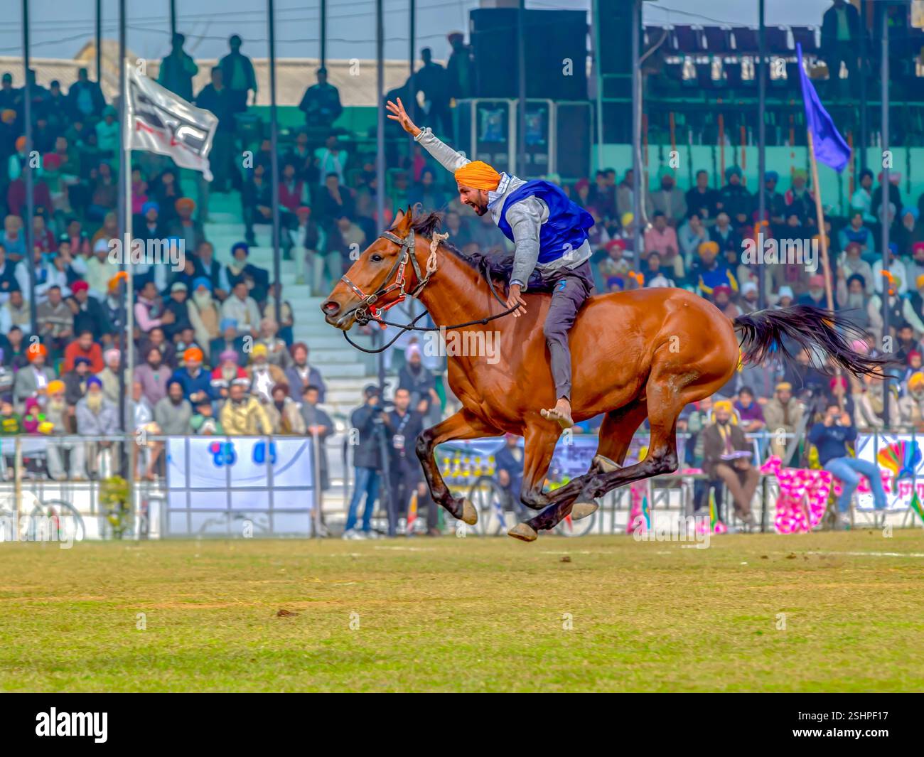 Bareback-Pferderennen bei den Olympischen Spielen im ländlichen Raum in Kila Raipur, Punjab, Indien Stockfoto