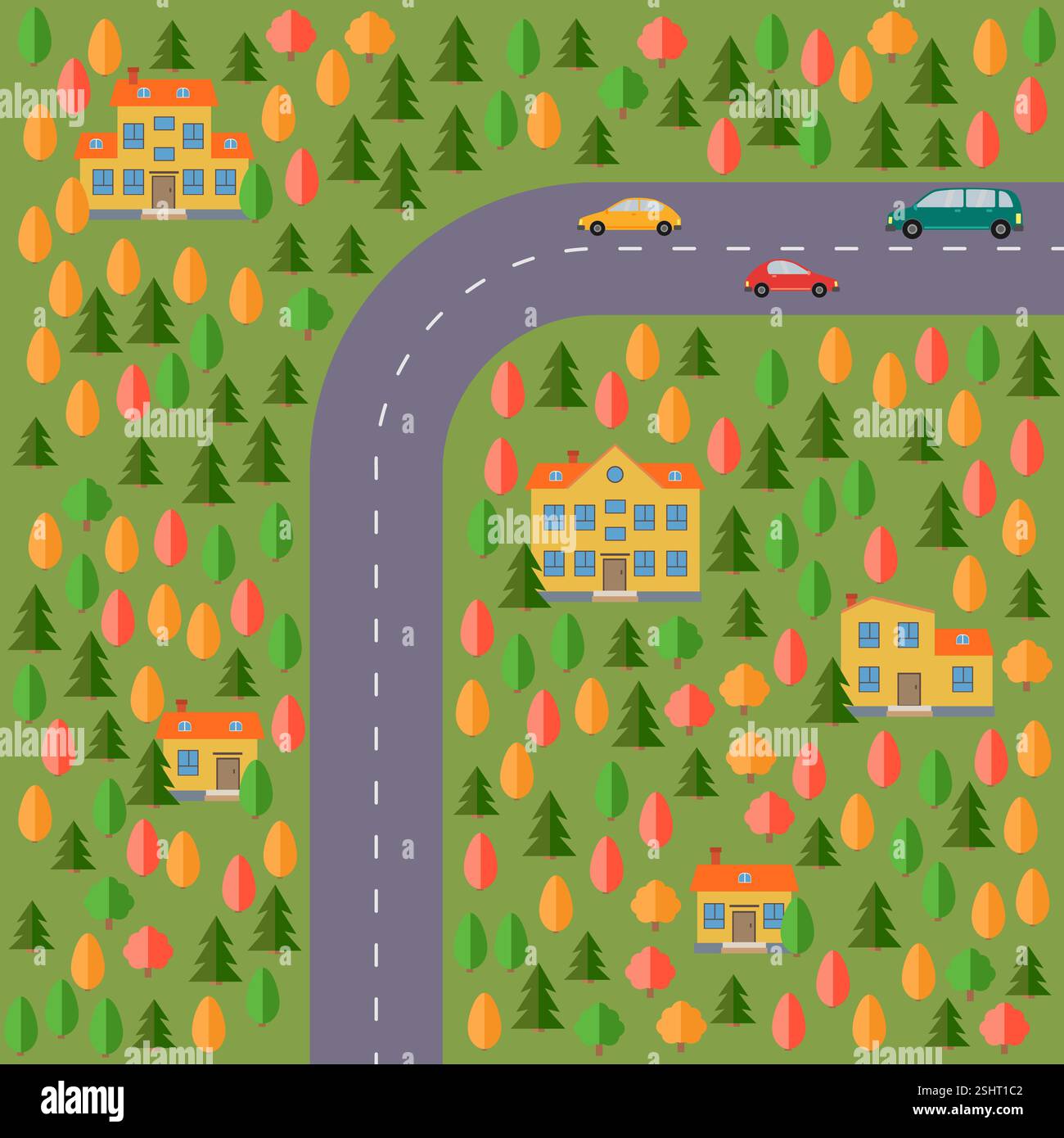 Plan des Dorfes. Landschaft mit Straße, Wald, Autos und Häusern. Vektorabbildung Stock Vektor