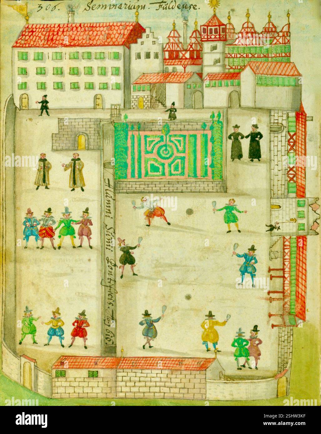 Crispijn de Passe der ältere - Seite aus Liber Amicorum von Joannes Carolus Erlenwein: Männer am Spiel auf dem Gelände des Seminars in Fulda - um 1616 Stockfoto