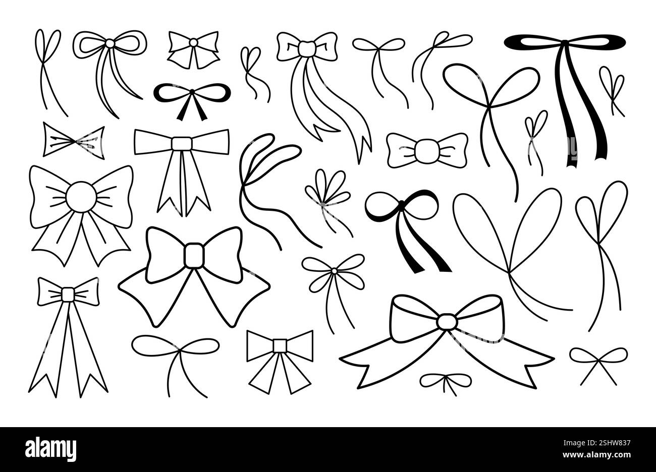 Handgezeichnete, gebundene Schleifen Kollektion. Gebundene Bänder im Doodle-Stil. Dekorationselemente umreißen. Isoliert auf weiß. Vektor Stock Vektor