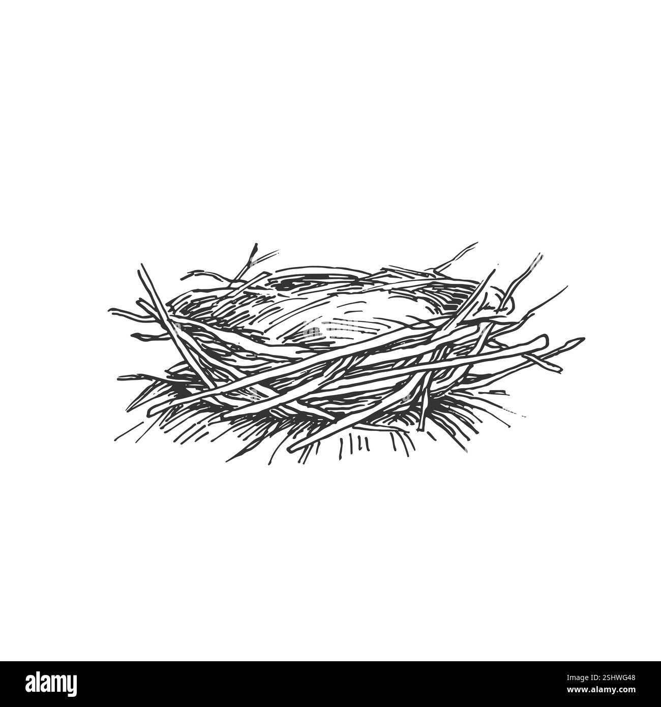 Nest Vektor schwarz-weiß Illustration Hand gezeichnet mit Tinte. Isoliertes Objekt für Etikettendesign Stock Vektor