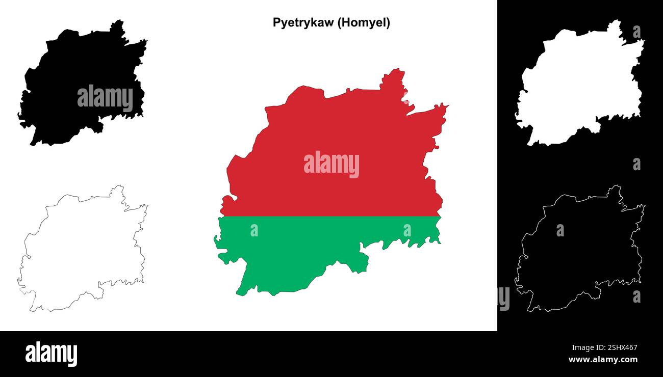 Pyetrykaw Bezirk Umrisskarte Set Stock Vektor