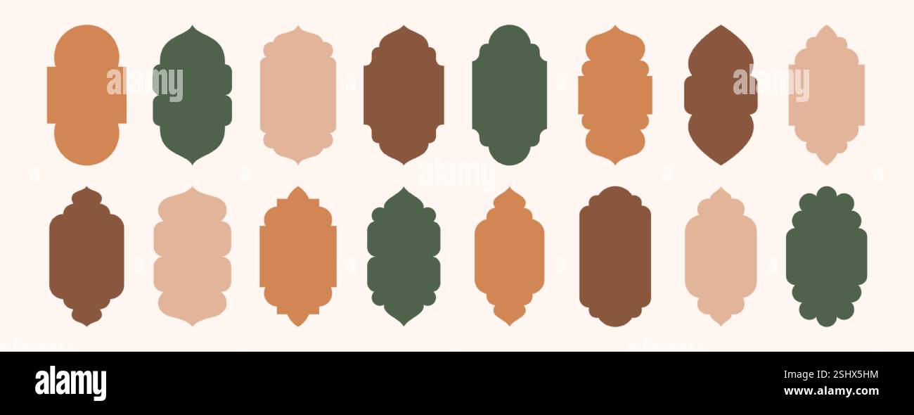 Alte Moscheefenster im orientalischen arabischen Stil. Islamisch-arabische Türen, Rahmen, arabische Bögen Silhouette Set. Muslimische Architektur geometrische Designelemente, marokkanische Minimalbögen. Ramadan kareem Tore Stock Vektor