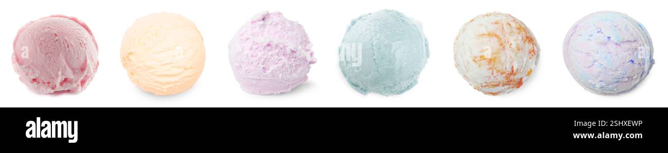 Leckeres Eis, Löffel mit verschiedenen Geschmacksrichtungen auf weißem Hintergrund, Set Stockfoto