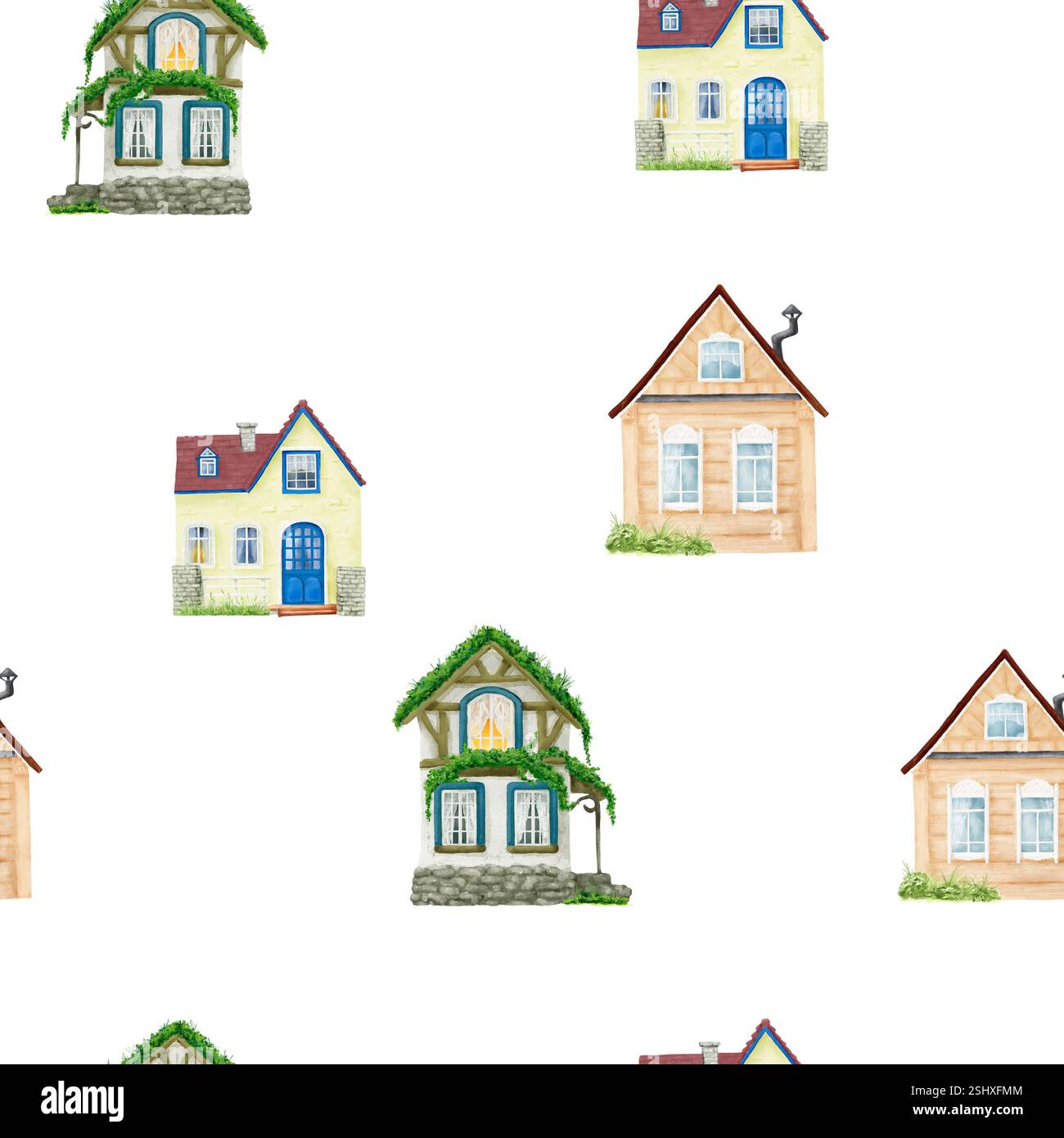 Ländliches Dorfhaus und Ferienhaus mit rotem Ziegeldach, nahtloses Muster. Digitale Illustration mit Aquarell. Zaun im Gras und geschnitzte Fensterrahmen, wo Stockfoto