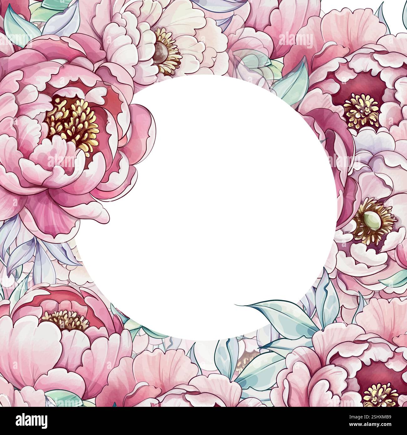 Zarte Pfingstrosenblüten in sanften Aquarelltönen schaffen einen lebendigen Rahmen, der künstlerischen Ausdruck und individuelle Vorlage und Hintergrund einlädt Stock Vektor