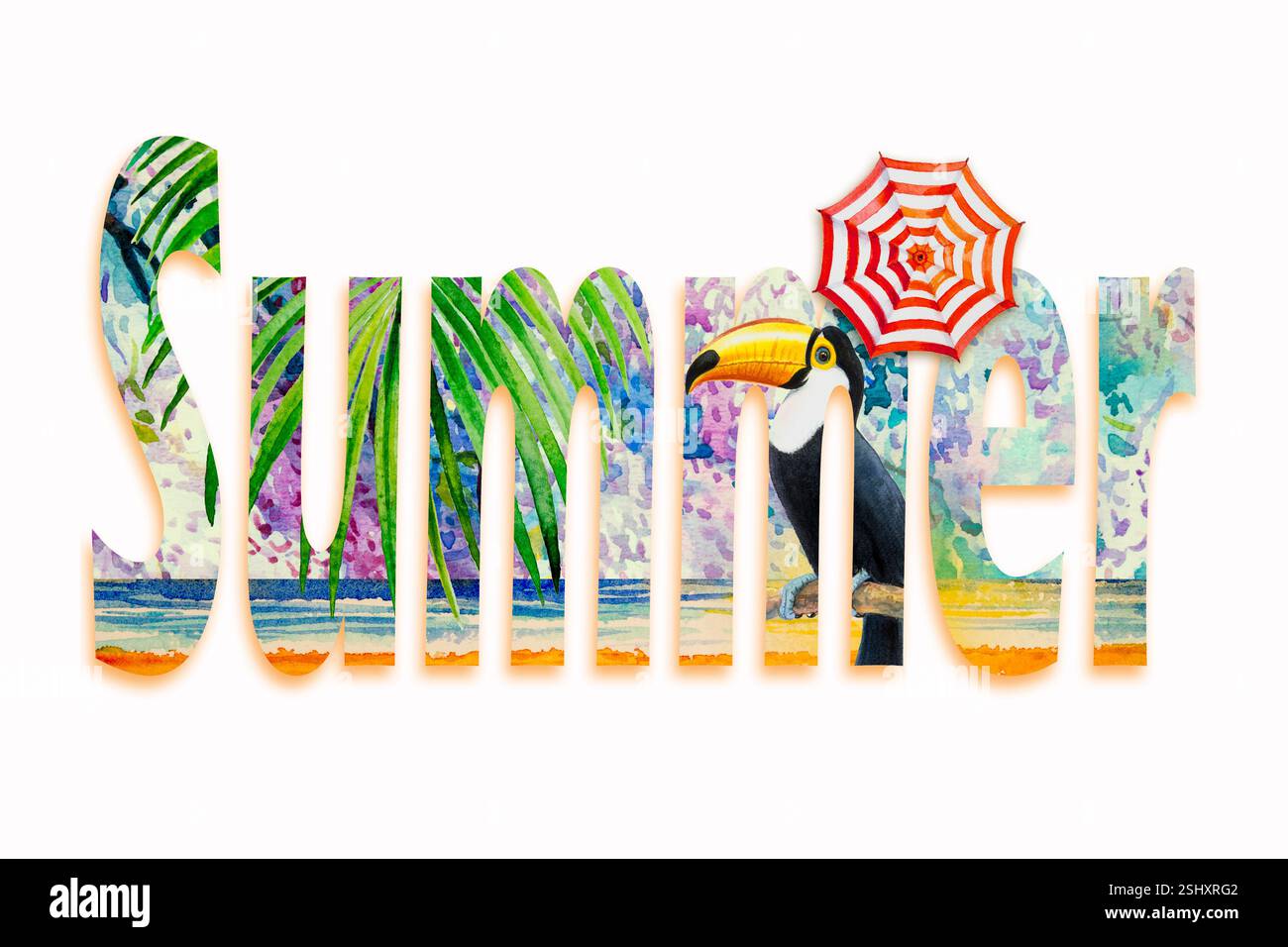 Tropischer Sommertext mit Toucan-Vogel. Aquarell handgezeichnet, Vogel und Schirm, Palmblatt, Blumenstruktur mit Meereslandschaft Wellenstrand und blau, gelb c Stockfoto