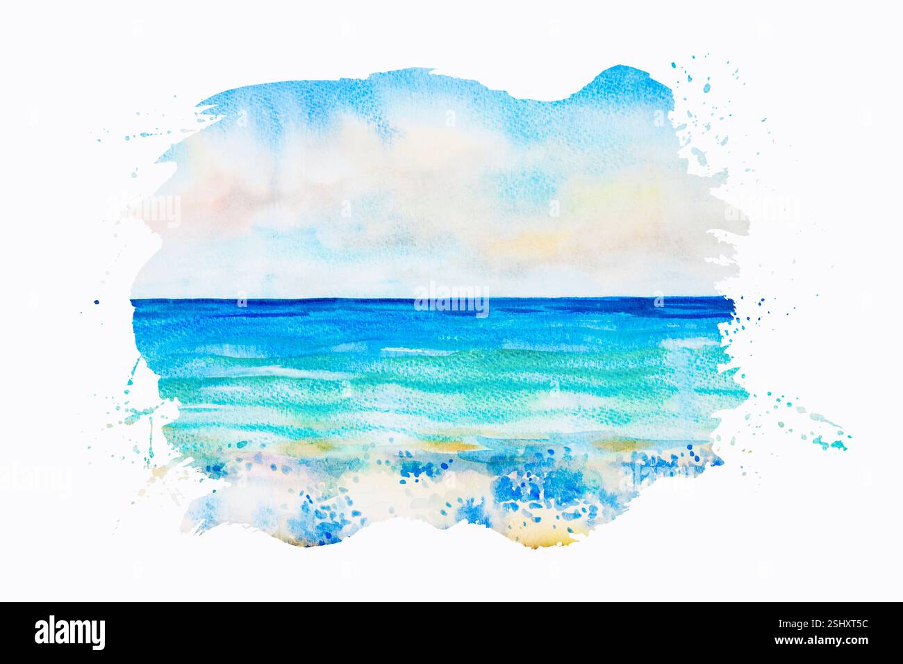 Aquarell Meereslandschaft Original Gemälde farbenfroh mit Meerblick, Welle und Himmel, Wolkenhintergrund am Morgen hell, Natur Schönheit Jahreszeit. Gemalt beeindrucken Stockfoto