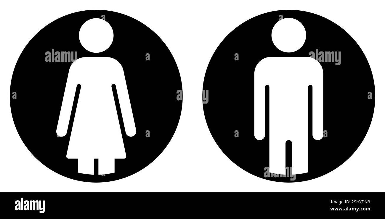 Toilettenzeichen, Männer und Frauen Symbol Silhouette Form, schwarz-weiße Illustration eines Mannes und einer Frau in einem Kreis, isoliert auf weiß Stock Vektor