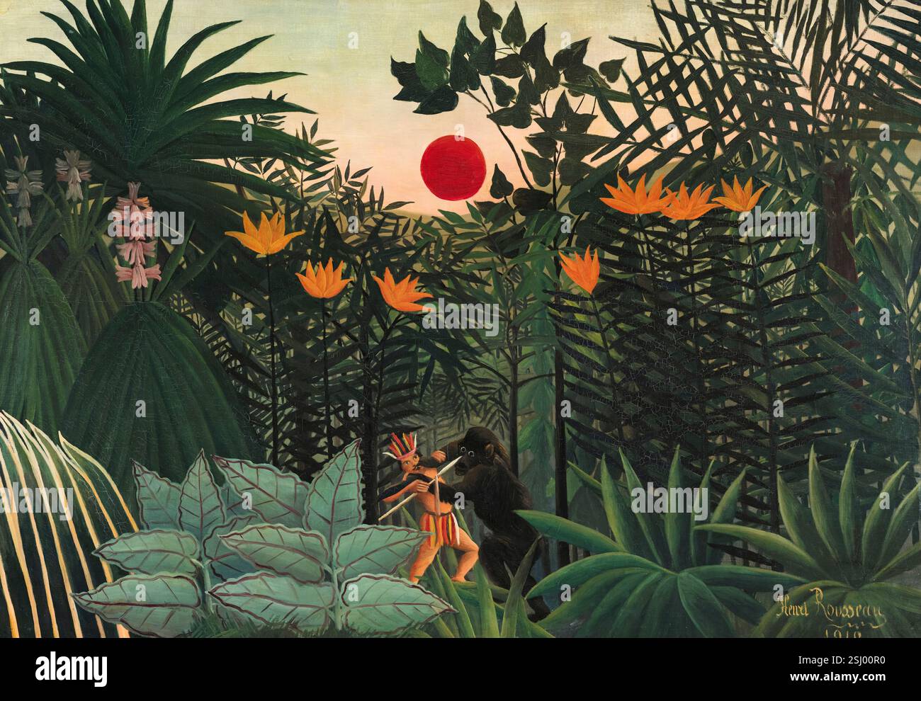 Henri Rousseau, Tropical Landscape: American Indian Struggle with a Gorilla, Gemälde in Oil on Canvas, 1910 Stockfoto
