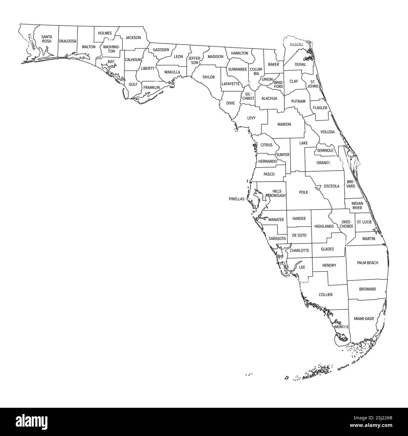 Übersicht des US-Bundesstaates Florida, unterteilt in Countys. Bundesstaat im Südosten der Vereinigten Staaten, unterteilt in 67 Countys. Stockfoto