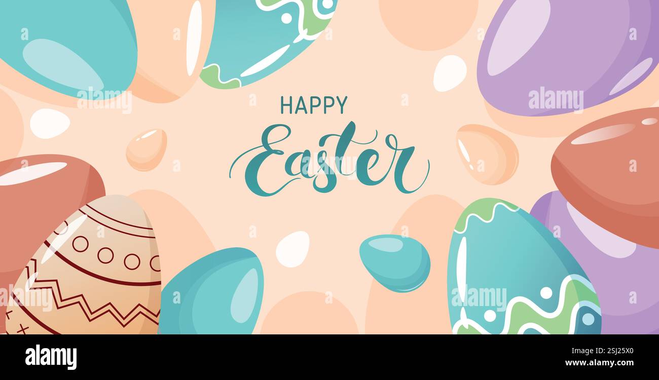 Layout Für Frohe Ostergrüße. Viele farbige Ostereier und handschriftliche Osterworte in Pastellfarben. Horizontales Banner, Cover oder Website-Header. Stock Vektor