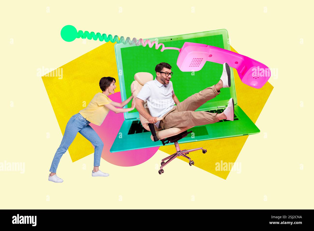 Skizze Composite 3D Foto Collage Trend Artwork von HR Rekrutierung junge Dame Push man Sessel Büromanager Laptop Festnetz Telefon Stockfoto