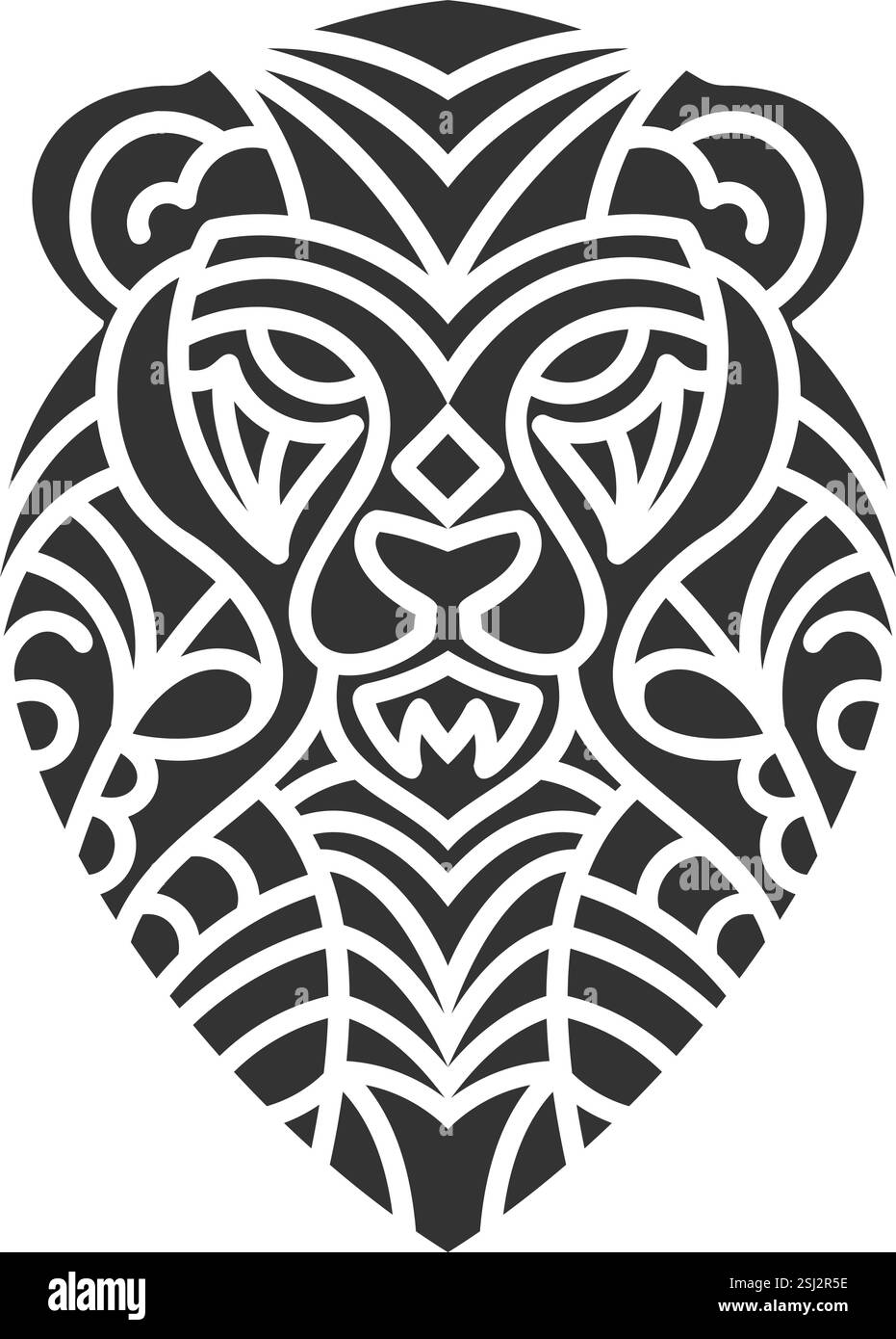 Schwarz-weiße geometrische Bärenkopf-Illustration mit komplizierten Stammesmustern, auffälliger Symmetrie und scharfen abstrakten Details. Schwarz-weiß-Geom Stock Vektor