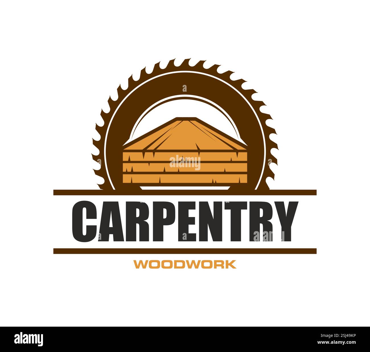 Tischlerei und Holzarbeiten Service Icon mit Kreissägeblatt für Tischlerei Werkstatt, Vektor-Emblem. Tischlerei und Handwerker Holzbearbeitungsservice Symbol f Stock Vektor