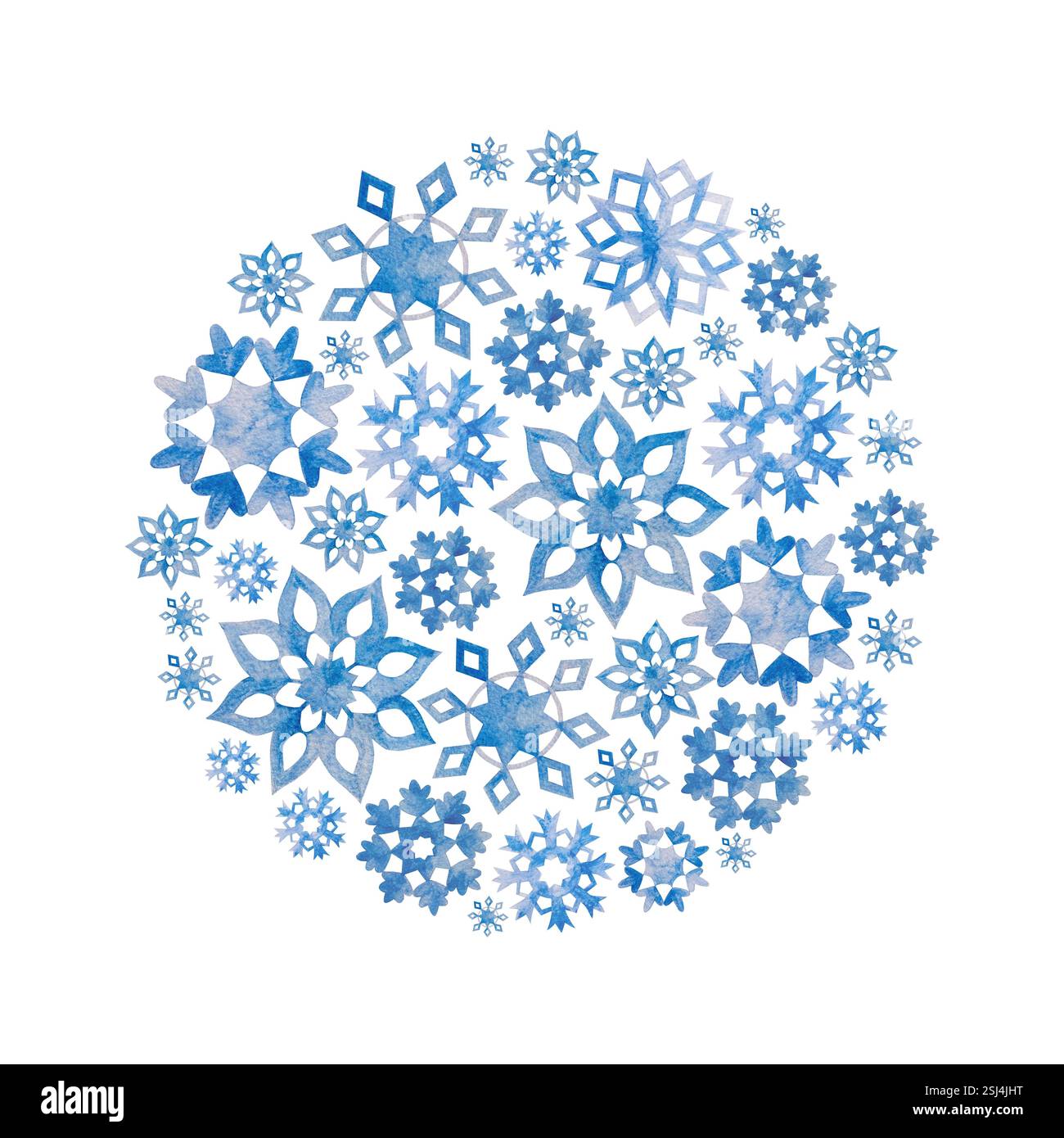 Blaue Schneeflocken im Kreis. Handgezeichnete Aquarellillustration isoliert auf weiß. Für Grußkarten, Einladungen, Winterweihnachtsbanner, Stockfoto