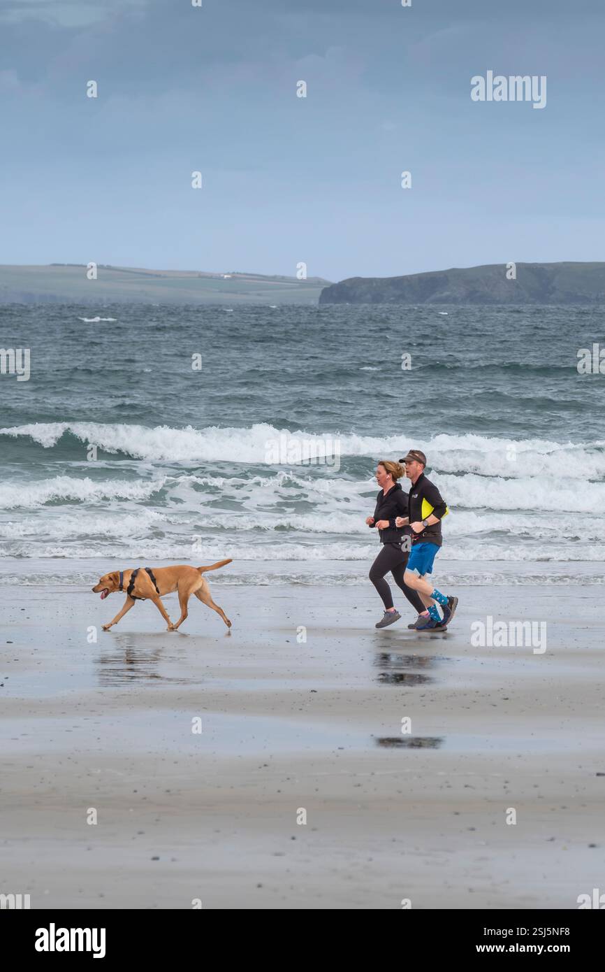 Eine Frau, die mit ihrem Hund joggt, entlang der Küste von Towan Beach in Newquay Cornwall, Großbritannien. Stockfoto