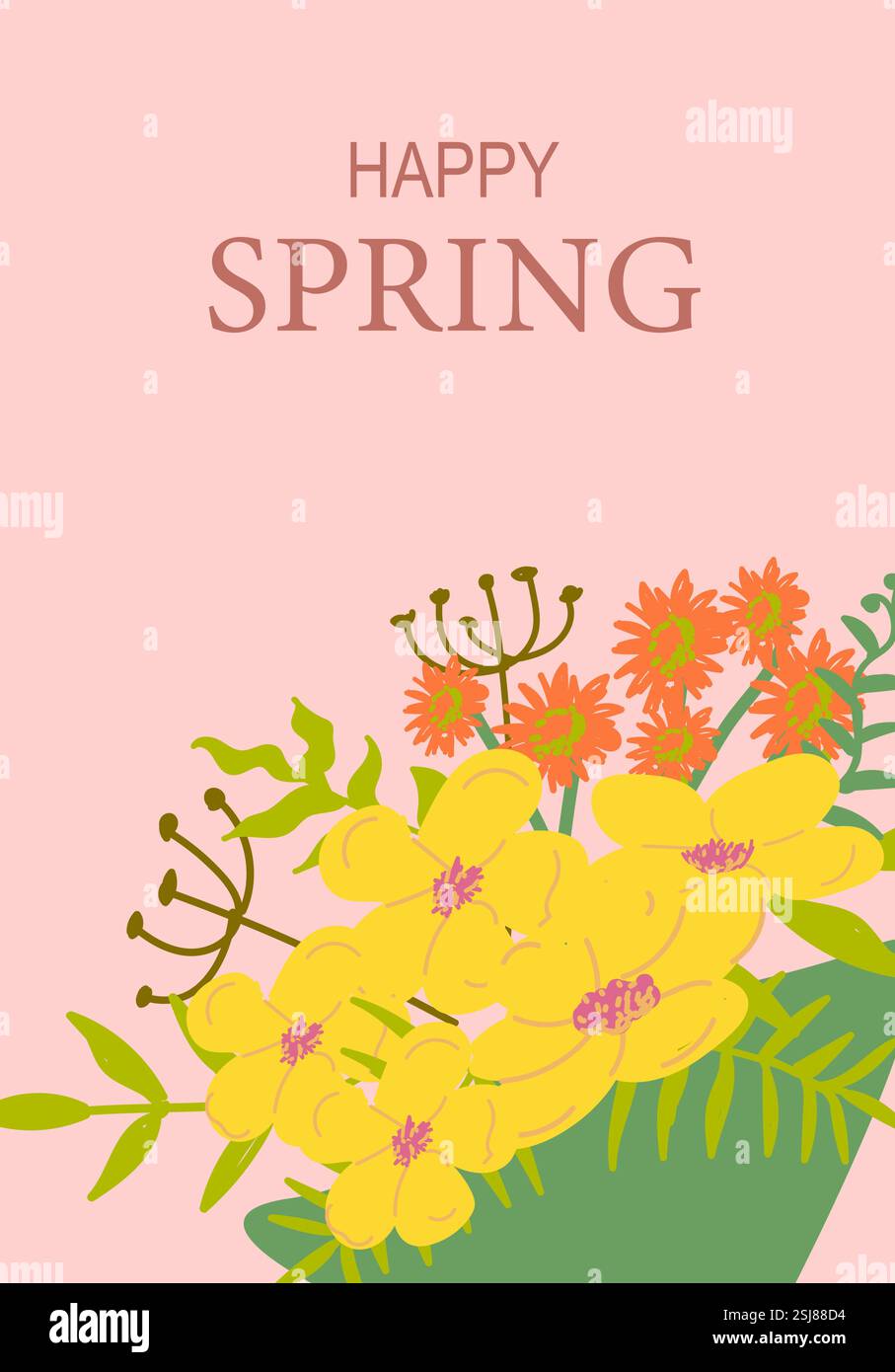 Bunter Frühlingsstrauß auf rosa Hintergrund mit fröhlichem Gruß. Stock Vektor