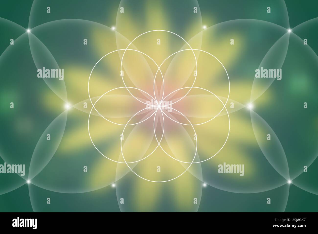 Heilige Geometrie, Blume des Lebens. Mystische Lotusspirituelle New Age futuristische Illustration mit Transmutationen ineinander greifenden Kreisen, helles Neonzeichen Stock Vektor