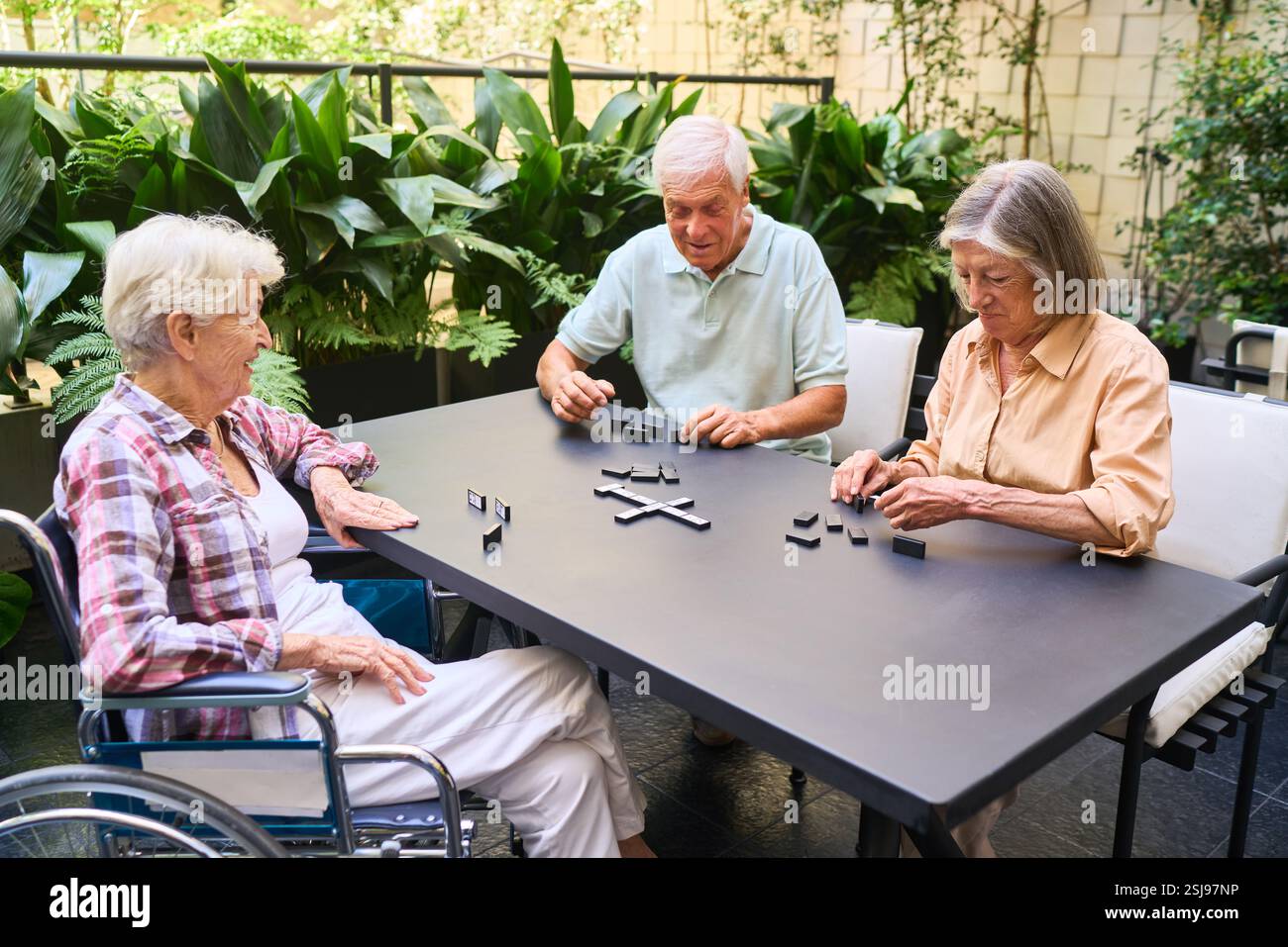 Eine Gruppe von Senioren spielt ein Tischspiel in einer friedlichen Gartenumgebung und fördert die Gesellschaft und Gemeinschaft. Die Szene betont Freizeit, soziales ich Stockfoto