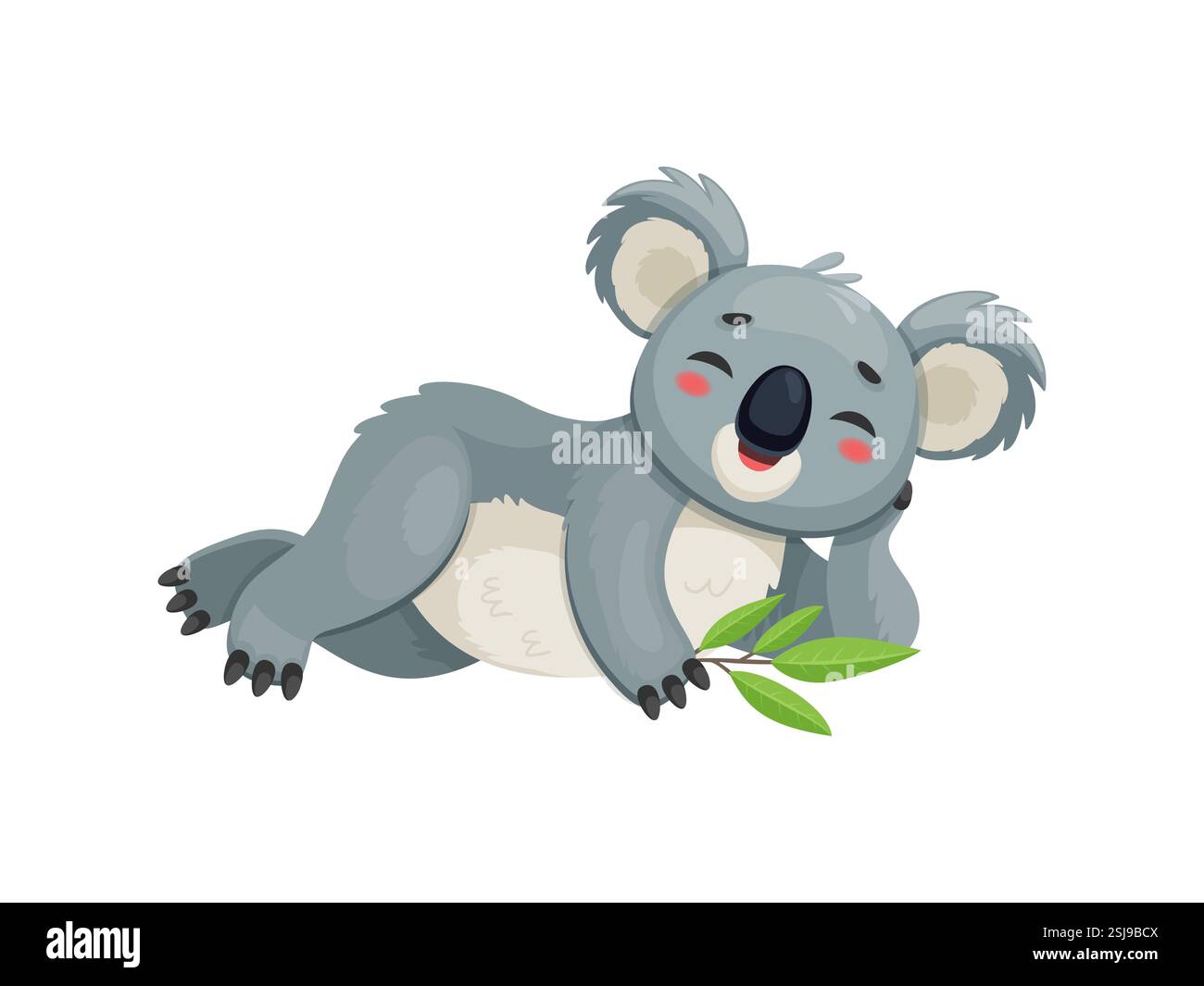 Der lustige Koalabär liegt mit einem süßen, fröhlichen Ausdruck und hält einen Eukalyptuszweig. Isolierter Vektor entzückender und charmanter Koala A Stock Vektor
