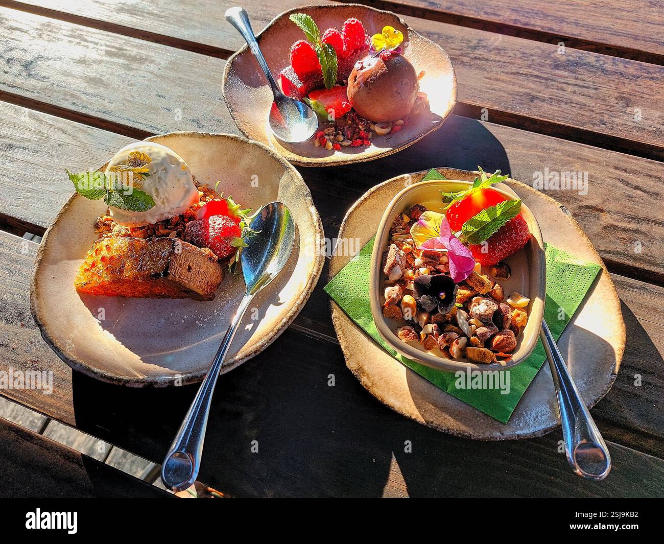 Eine farbenfrohe Auswahl an Gourmet-Desserts auf rustikalen Tellern mit frischen Beeren, Nüssen und künstlerischer Präsentation unter natürlichem Sonnenlicht. Stockfoto