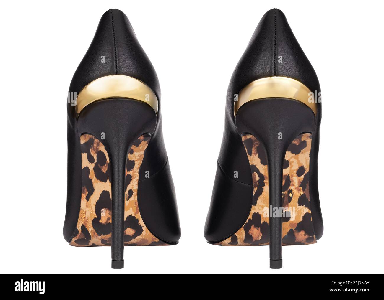 Rückansicht: Schwarze High Heels mit Gold- und Leopardenmuster Stockfoto
