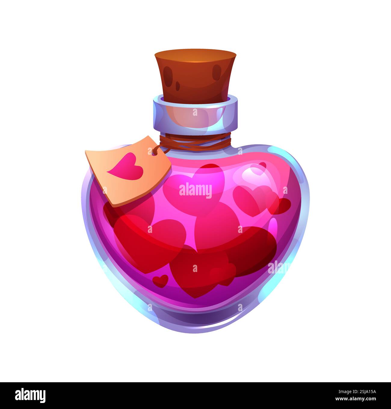 Valentinstag Love Trank Flasche. Cartoon Hexenbraue, skurrile herzförmige Glasflasche mit Korkholzstopfen, gefüllt mit rosa Flüssigkeit, Symbol Stock Vektor