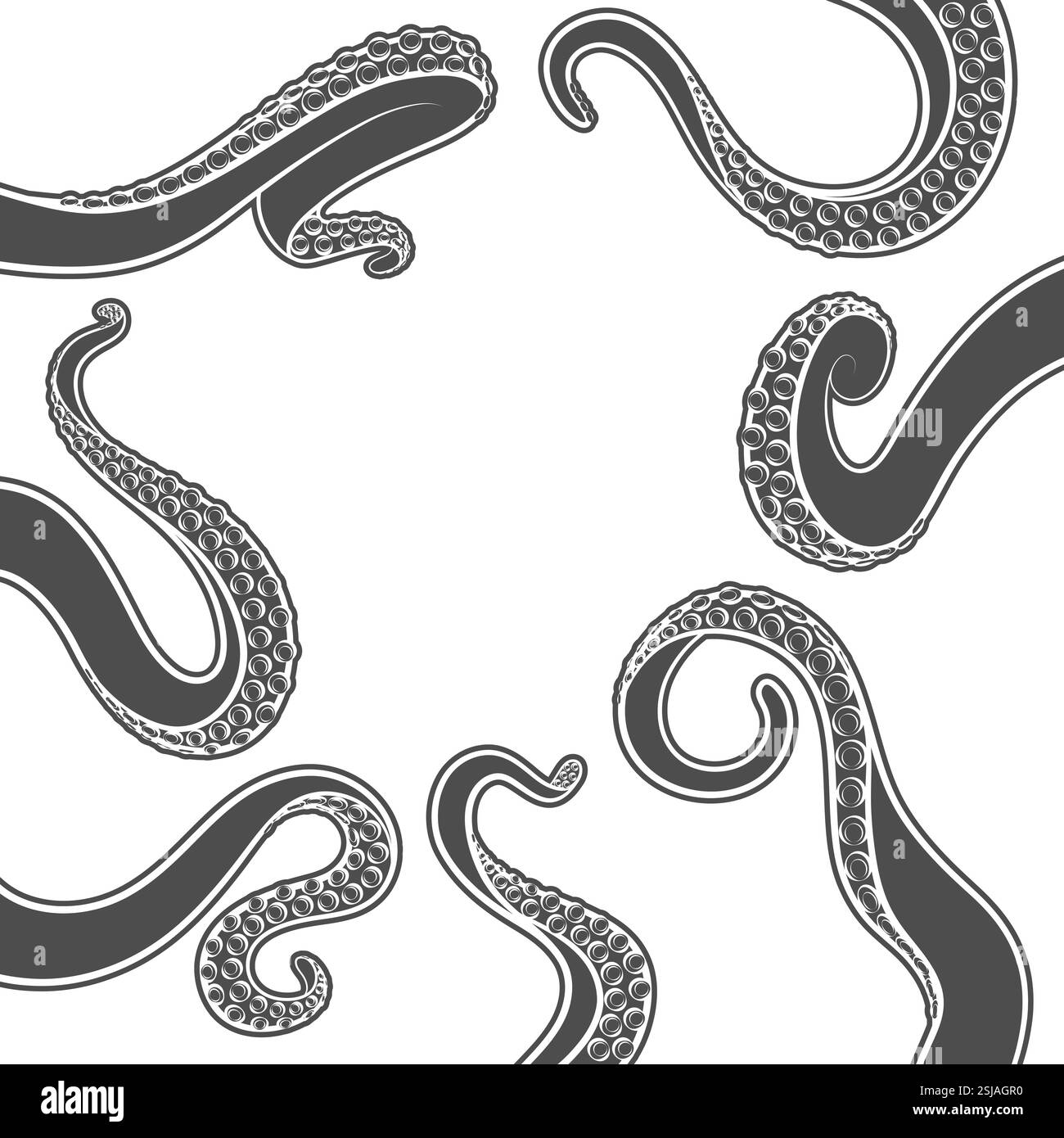 Set von schwarz-weißen Illustrationen mit Oktopusentakeln. Isolierte Vektorobjekte auf weißem Hintergrund. Stock Vektor
