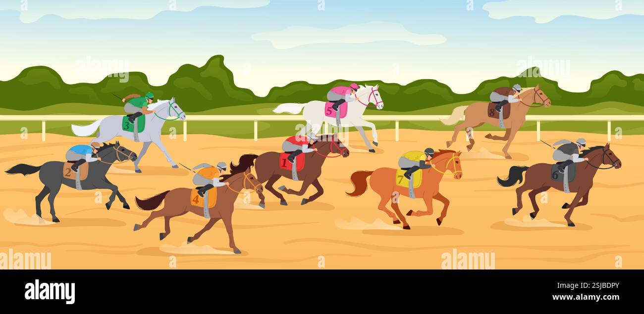 Cartoon hippodrom Wettbewerb. Pferderennbahn mit Jockeyreiten, Pferdesport und Pferdereitern. Schnelles Galoppierturnier vecto Stock Vektor