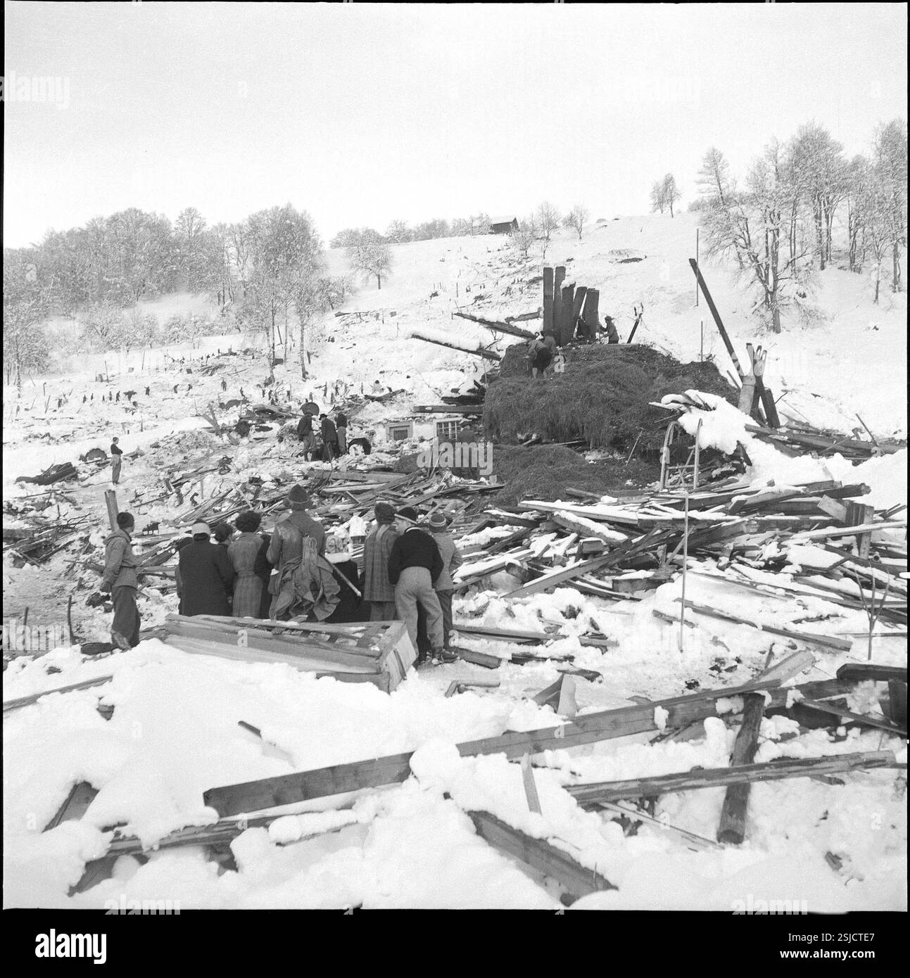 --- Räumungsarbeiten nach Lawinenniedergang im Montafontal; 1954#Avalanche im Montafontal, Rodungsarbeiten; 1954- RDB VON DUKAS Stockfoto
