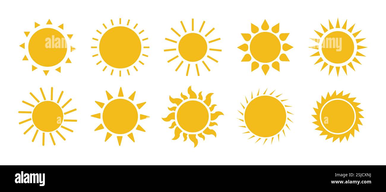 Set mit Sonnensymbol im Silhouettendesign. Solarisolierte Ikone, Sonnenschein, Sonnenuntergang Kollektion. Vektorabbildung. Stock Vektor