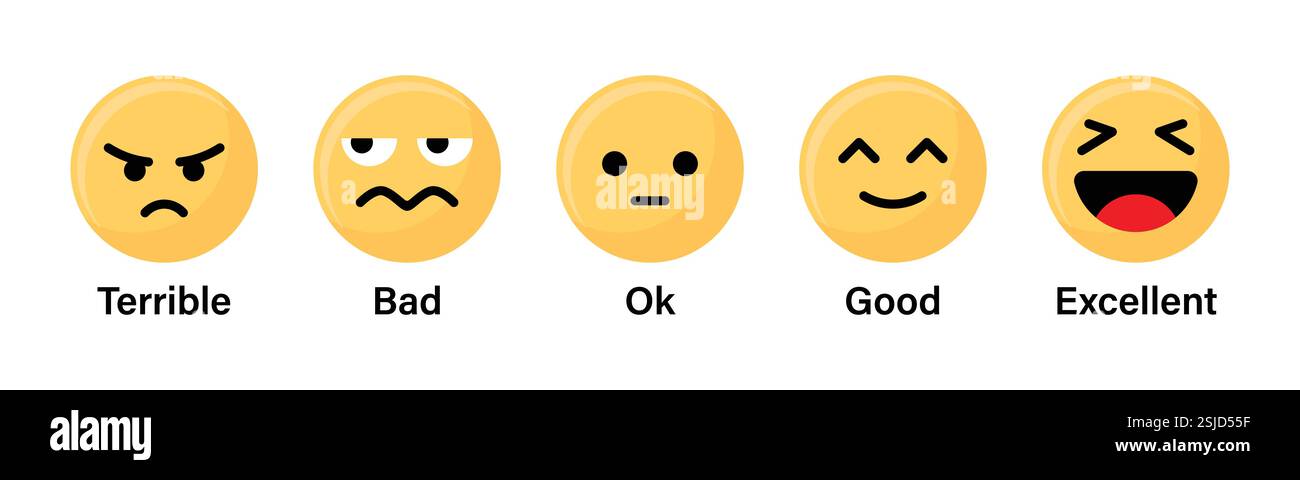 Emoji-Bewertungssymbol, Feedback Kunden- oder Kundenbewertung, Emoji-Set, Kundenfeedback. Vektorabbildung. Stock Vektor