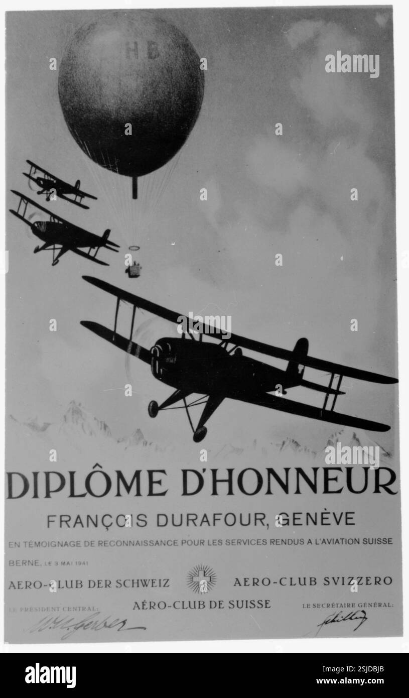 --- Ehrenurkunde von Francois Durafour 1941#Ehrendiplom für Francois Durafour 1941- RDB VON DUKAS Stockfoto