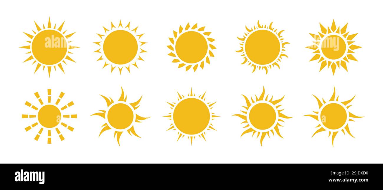 Set mit Sonnensymbol im Silhouettendesign. Solarisolierte Ikone, Sonnenschein, Sonnenuntergang Kollektion. Stock Vektor