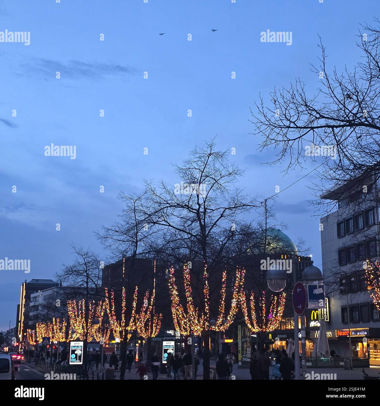 Eine faszinierende Abendszene der Stadt zeigt wunderschön dekorierte Bäume und Gebäude, die hell beleuchtet sind Hannover Stockfoto