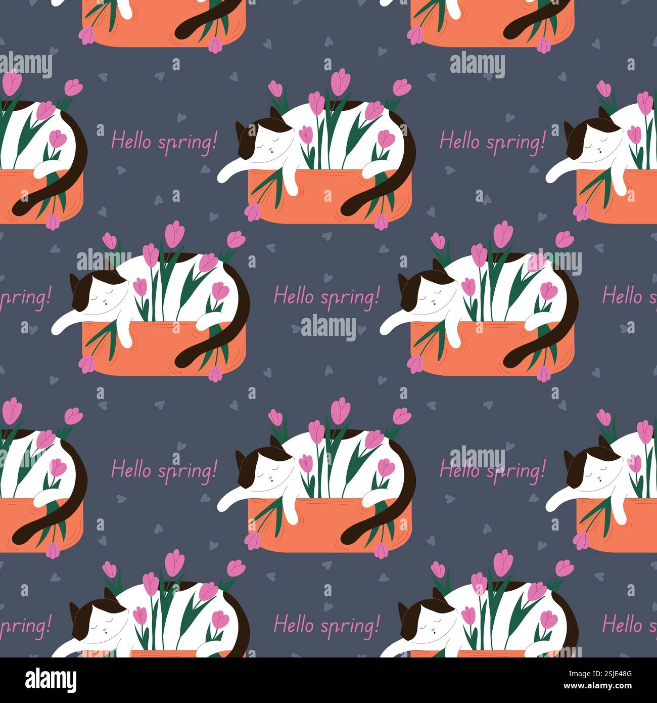 Nahtloses Muster einer niedlichen schlafenden Katze in einem Blumentopf mit Tulpe und Herz mit Text Hello Spring in flachem Stil. Perfekt für die saisonale Einrichtung, Stoff Stock Vektor