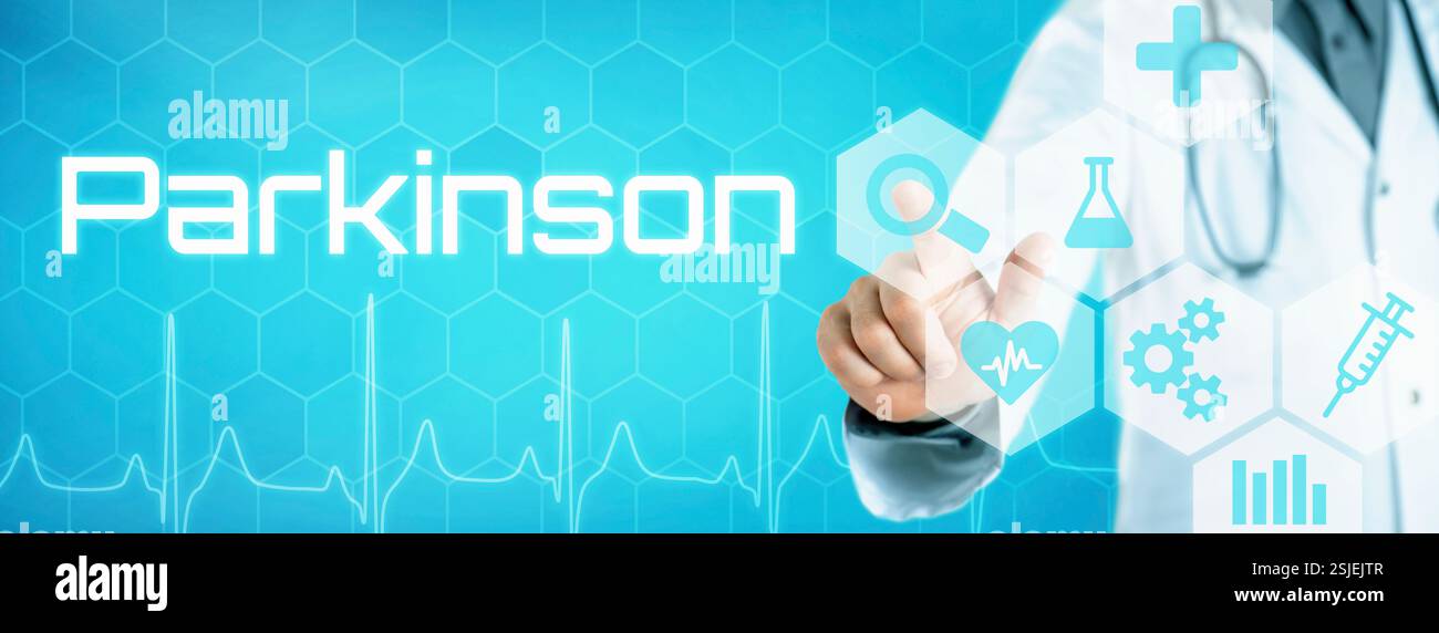 Arzt mit futuristischer Schnittstelle - Morbus Parkinson Stockfoto